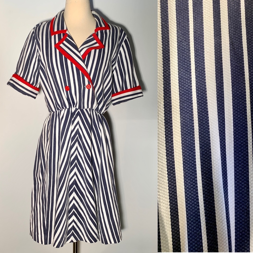 Vintage 80s Red White Blue Striped Nautical Dress